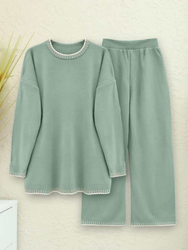 Round Neck Embroidery Detailed Knitwear Suit - Aqua Green