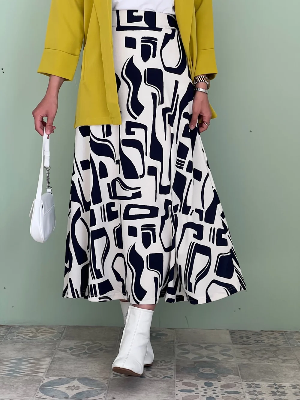 Geometric Pattern Scuba Mevlana Skirt - LD - Navy Blue - Image 2