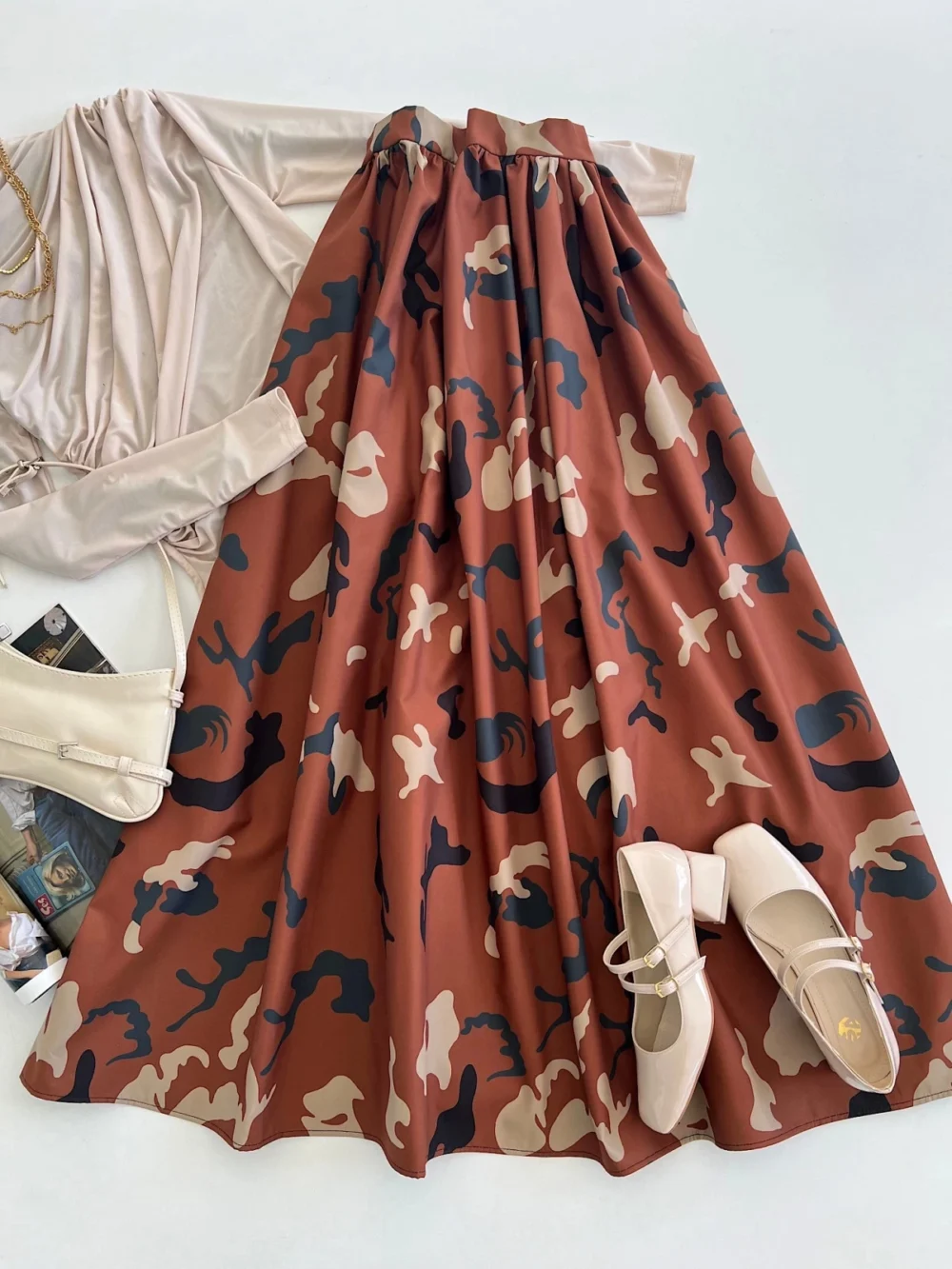 Camouflage Pattern Bondit Skirt Combination - Beige - Image 5