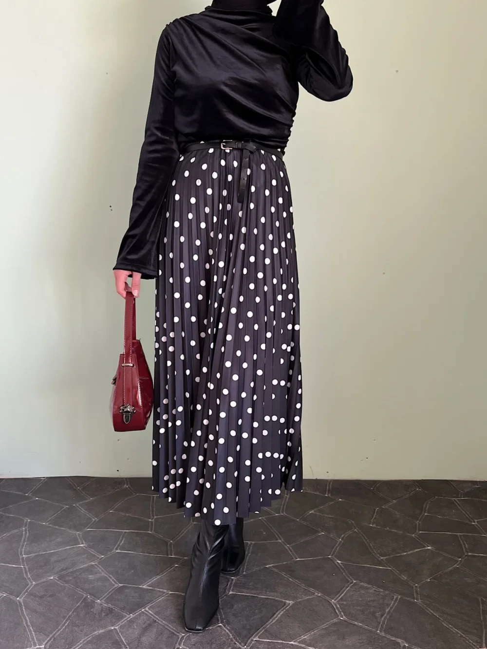 Polka Dot Pleated Skirt Combination - Black - Image 3