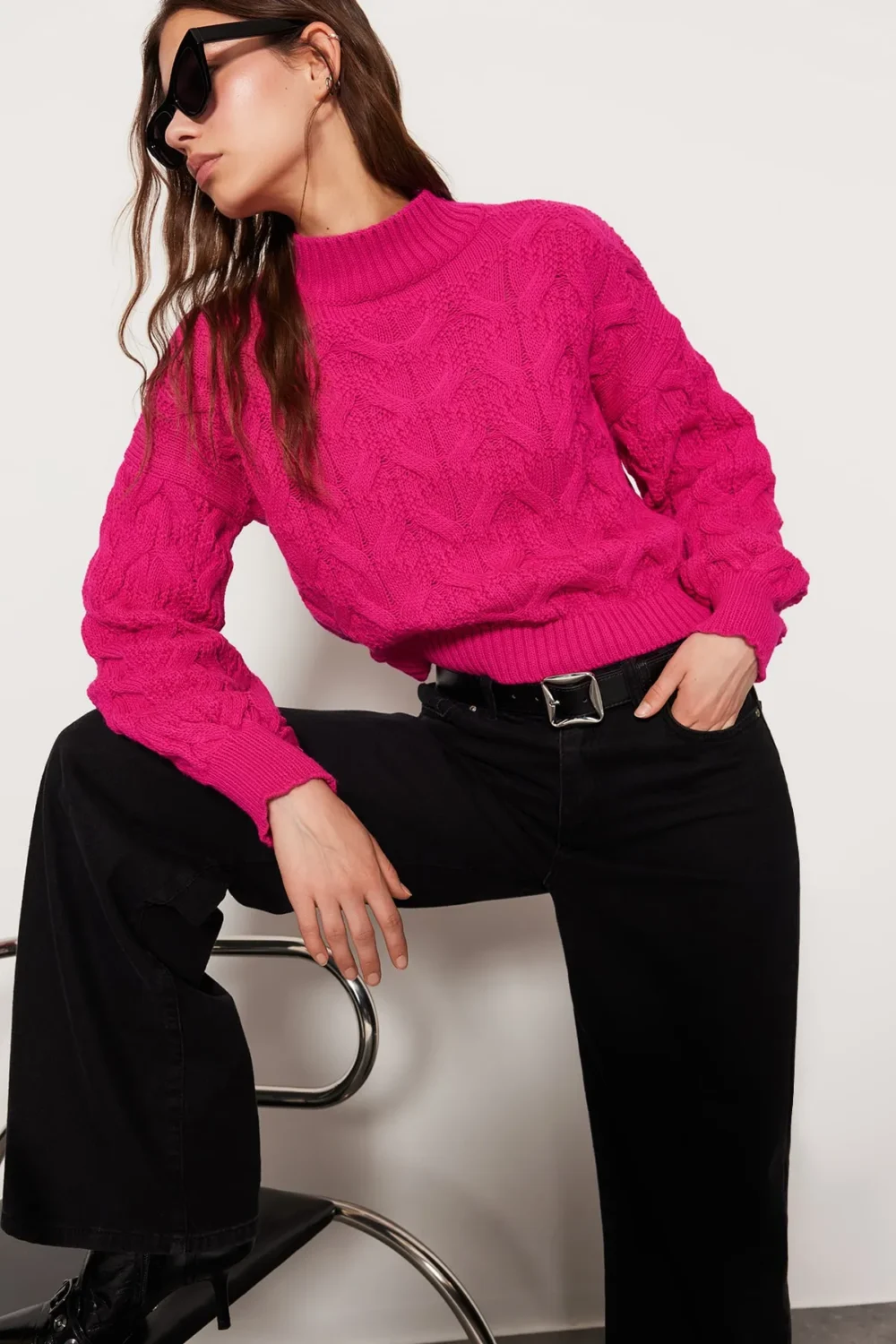 Fuchsia Crop Stand Collar Knitwear Sweater - Image 4
