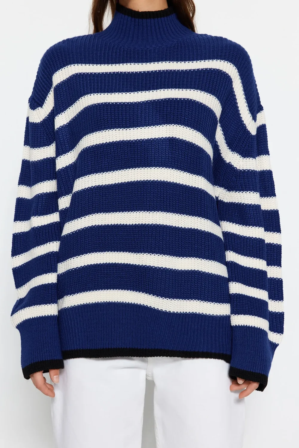 Blue Wide Pattern Striped Knitwear Sweater - Image 5