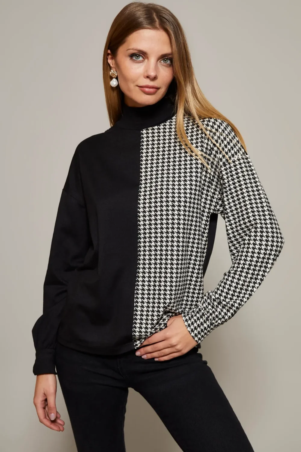 Women's Black-White Half Turtleneck Houndstooth Pattern Blouse - Image 2