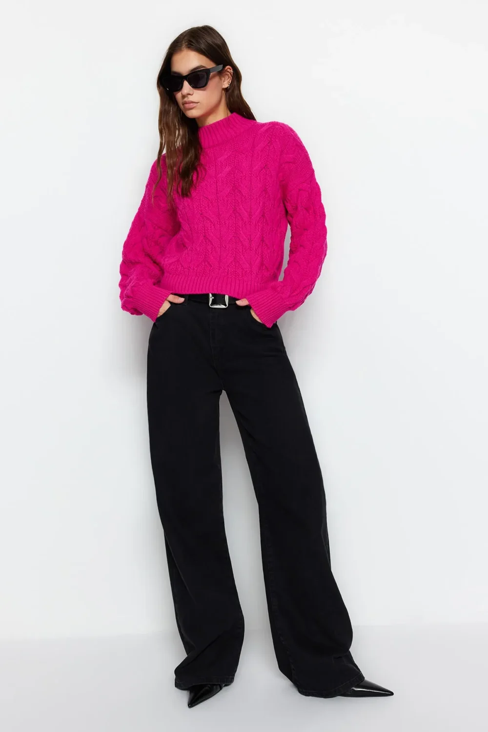 Fuchsia Crop Stand Collar Knitwear Sweater - Image 3