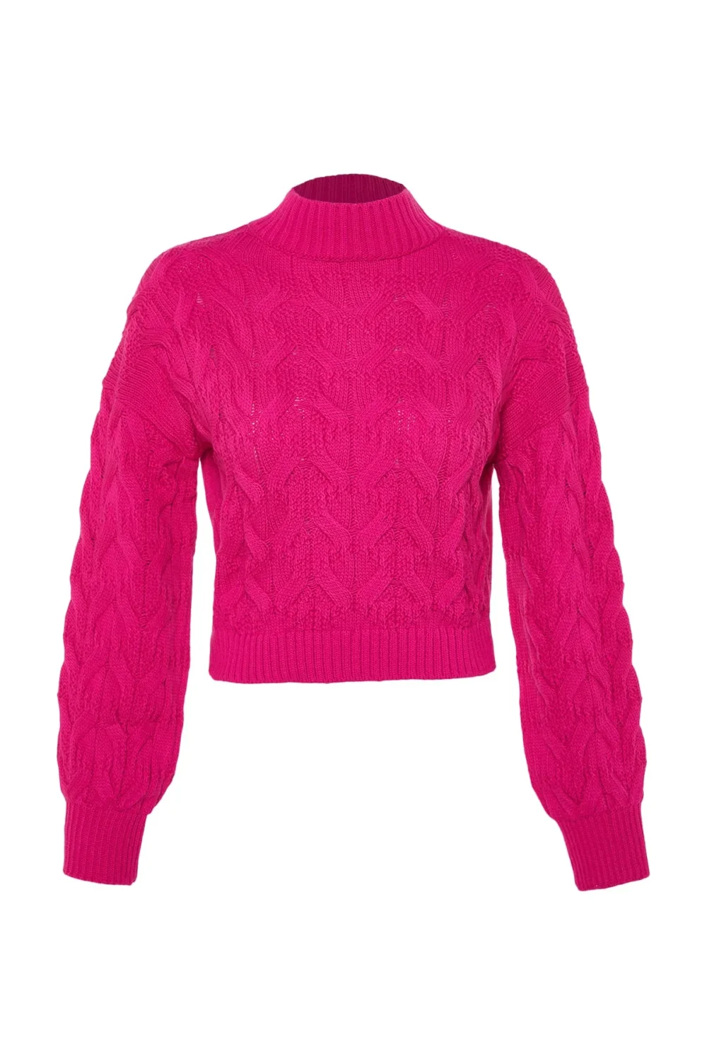 Fuchsia Crop Stand Collar Knitwear Sweater - Image 2