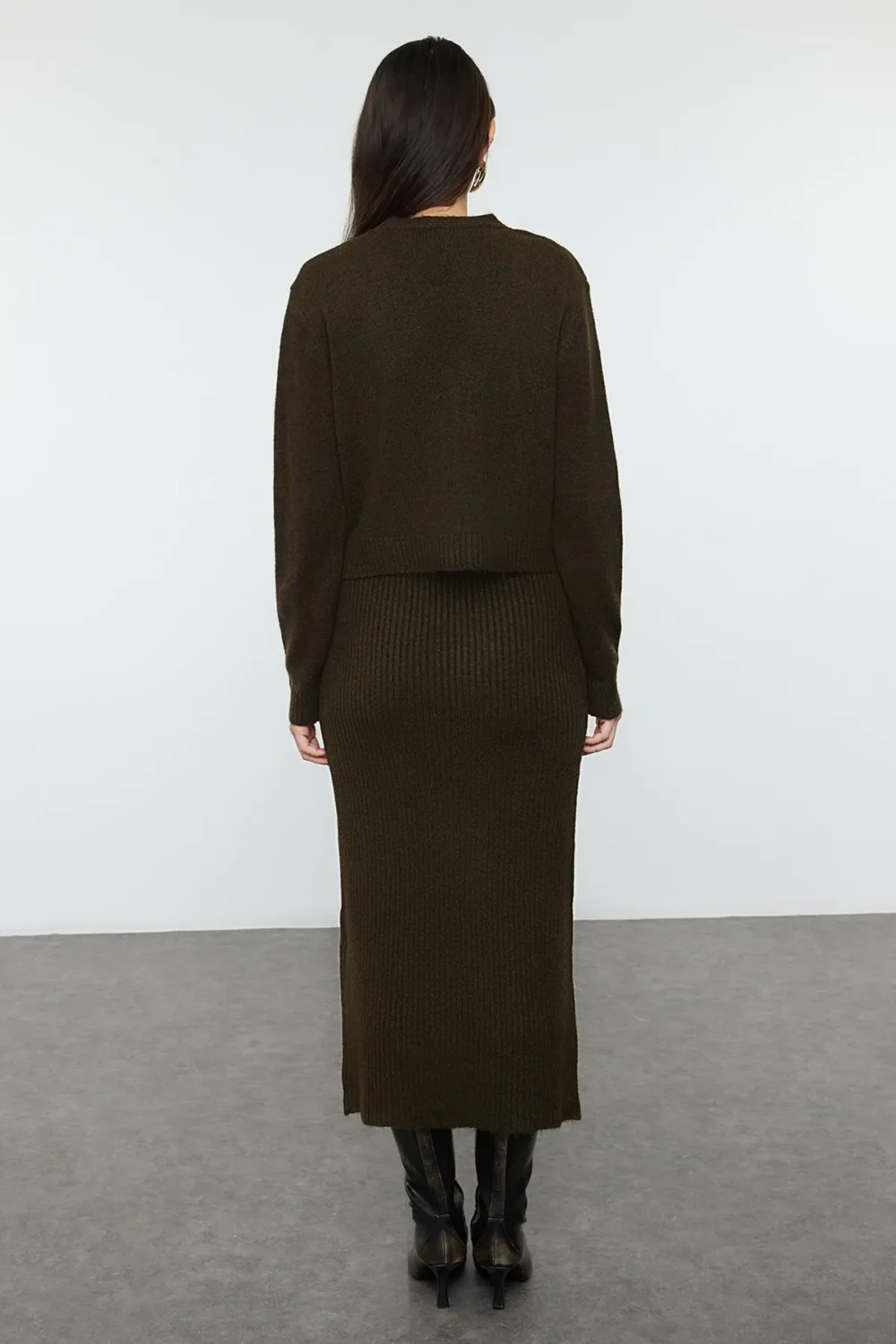 Dark Khaki Corduroy Soft Texture Knitted Dress Cardigan Set - Image 6