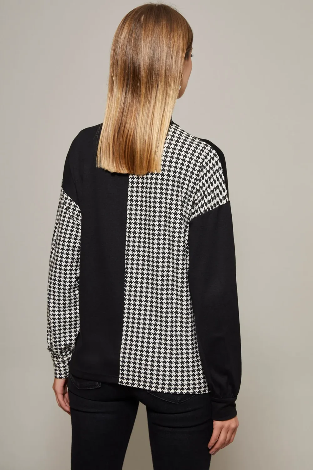 Women's Black-White Half Turtleneck Houndstooth Pattern Blouse - Image 3