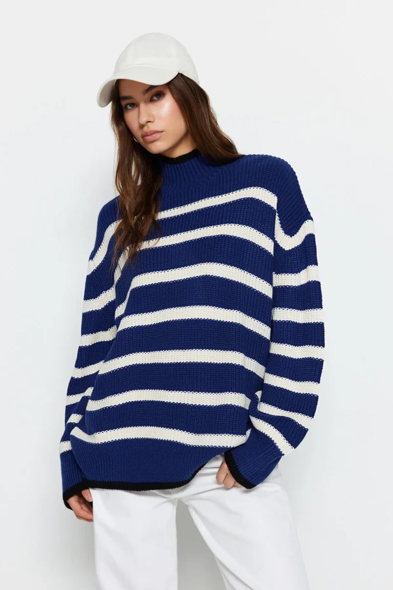 Blue Wide Pattern Striped Knitwear Sweater