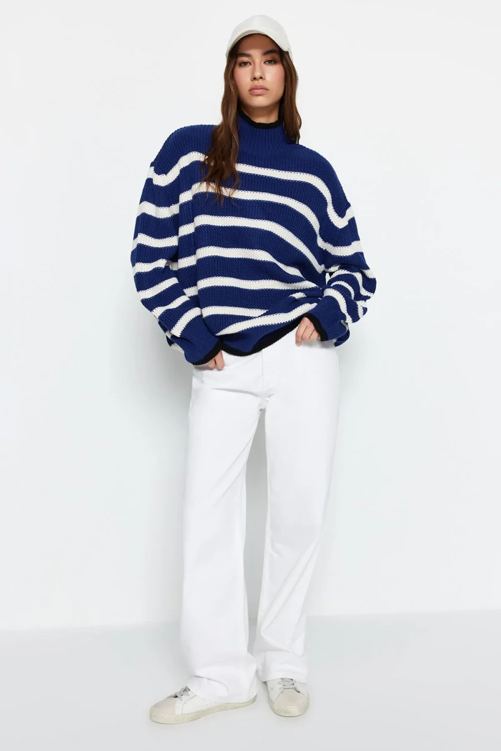 Blue Wide Pattern Striped Knitwear Sweater - Image 3