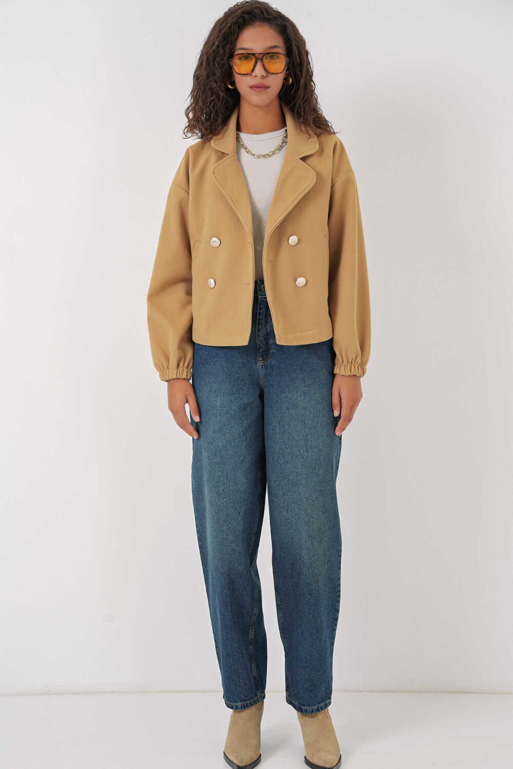 Double Breasted Crop Jacket - Light Mustard - Image 6