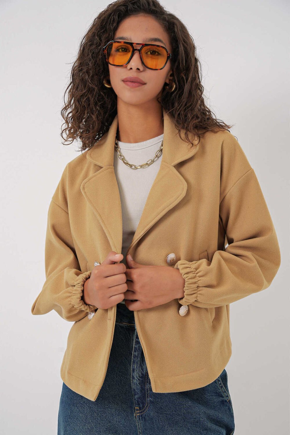 Double Breasted Crop Jacket - Light Mustard - Image 7
