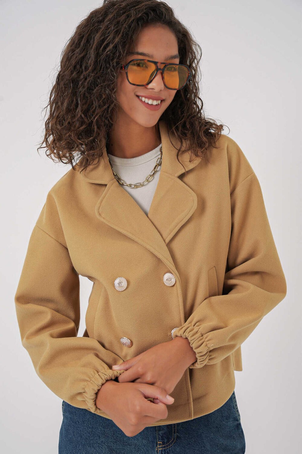 Double Breasted Crop Jacket - Light Mustard - Image 2