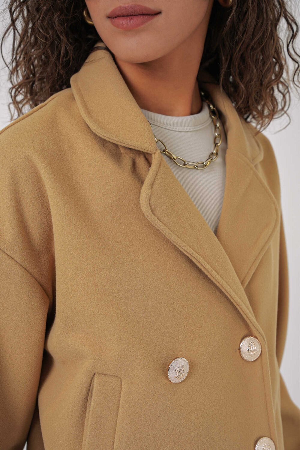 Double Breasted Crop Jacket - Light Mustard - Image 3