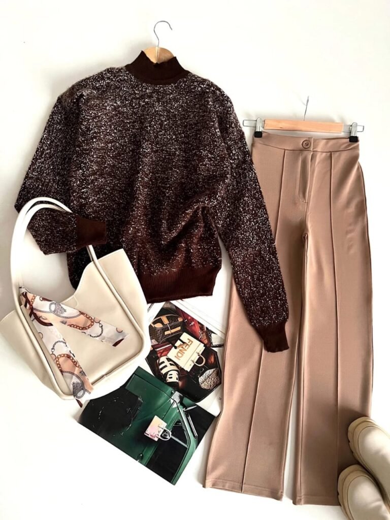 Snowflake Pattern Knitwear Tunic Combination - Camel & Bitter Coffee