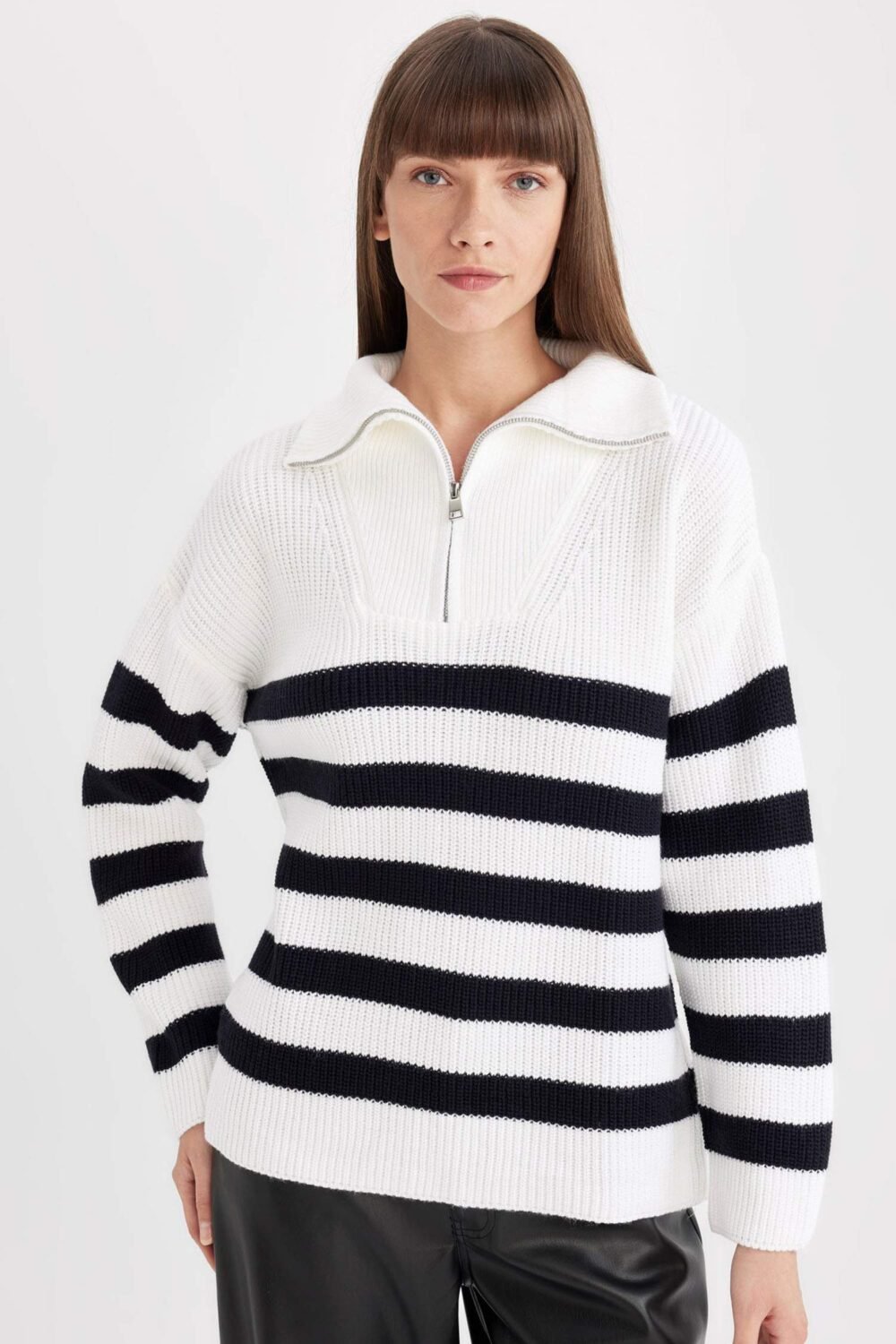Relax Fit Striped Half Zipper Selanik Fabric Knitwear Sweater - Image 2