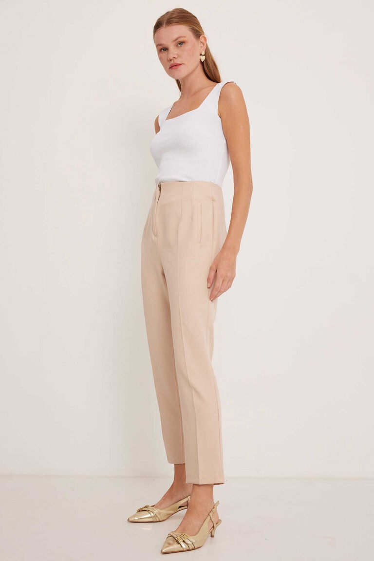 Women's Beige High Waist Fabric Trousers