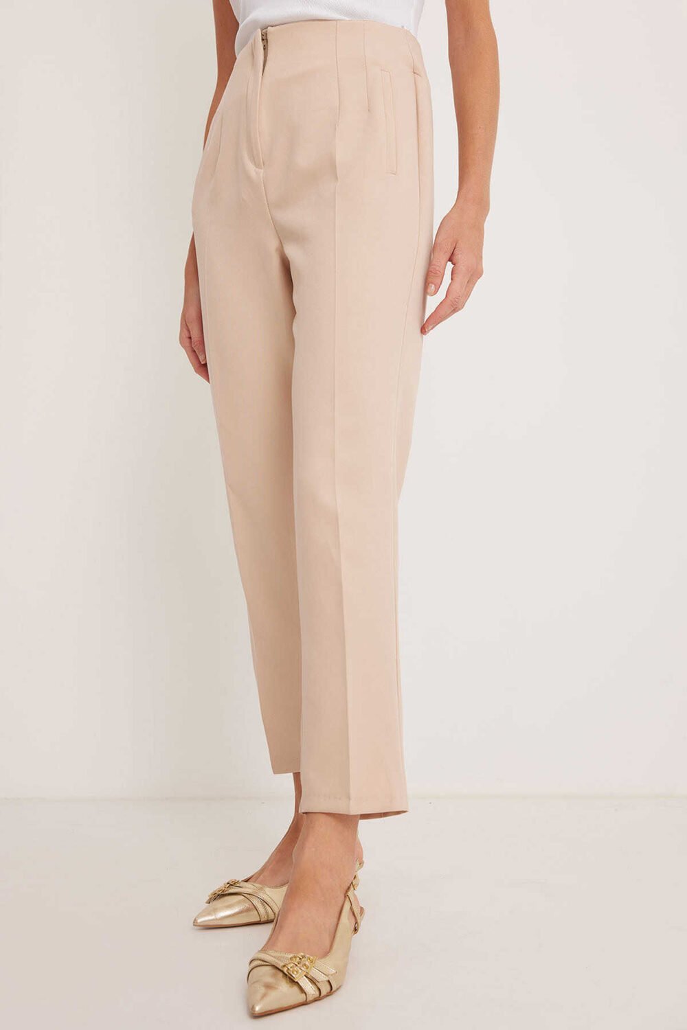 Women's Beige High Waist Fabric Trousers - Image 3