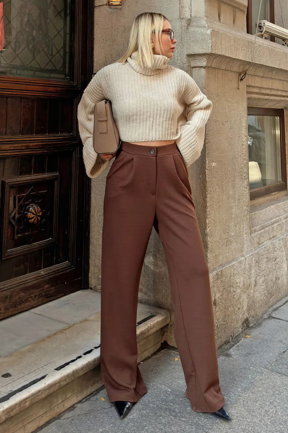 Brown Dash A Pleat High Waist Pocketed Women's Palazzo Pants - Image 3