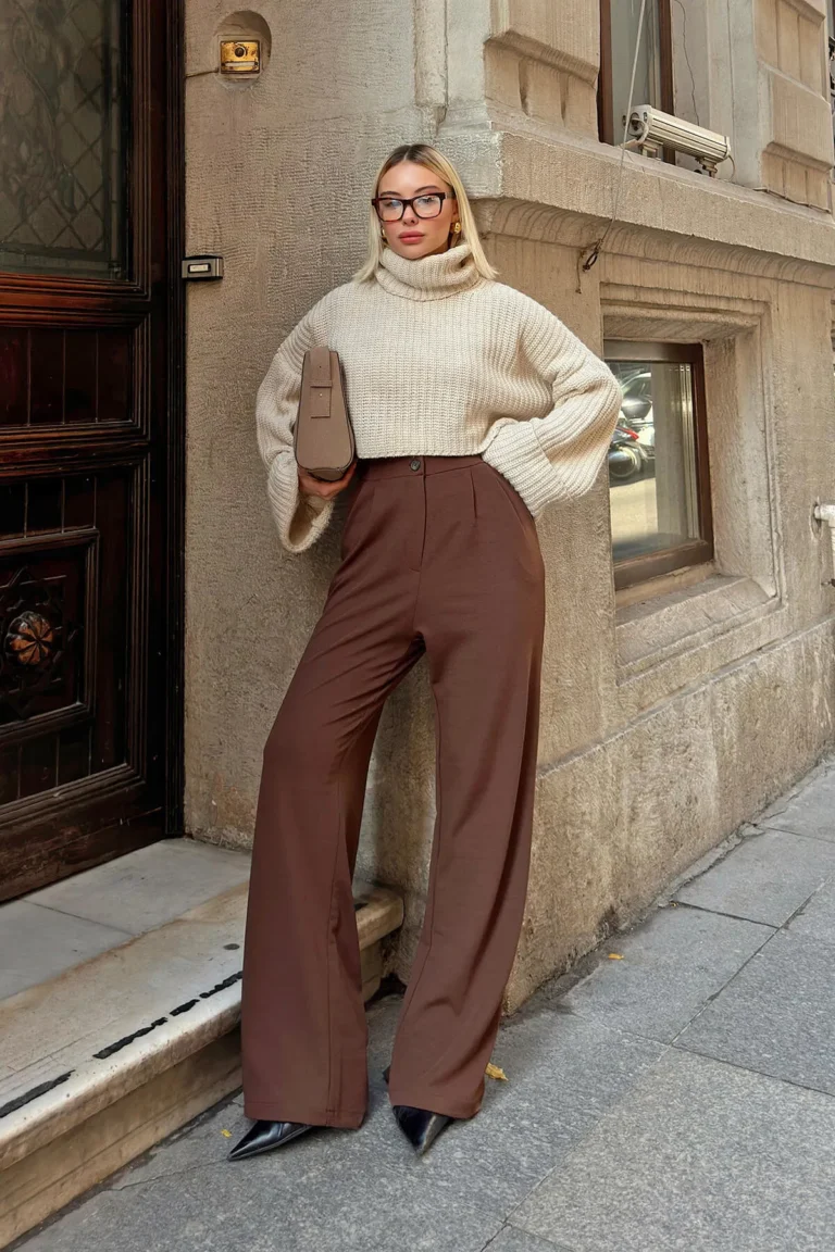 Brown Dash A Pleat High Waist Pocketed Women's Palazzo Pants