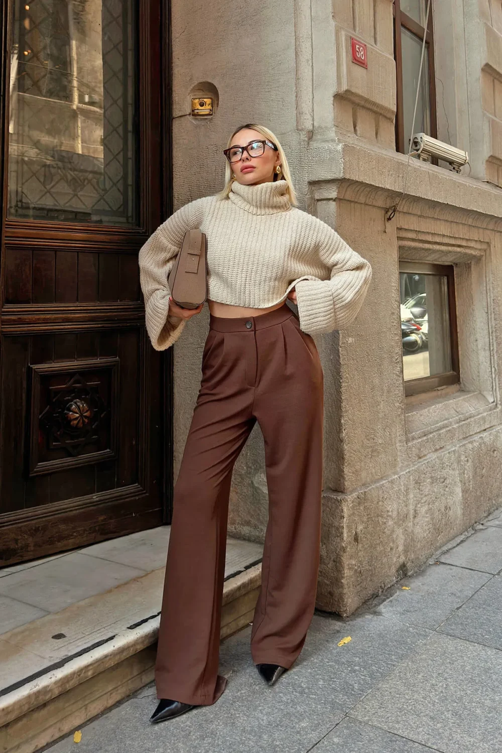 Brown Dash A Pleat High Waist Pocketed Women's Palazzo Pants - Image 2