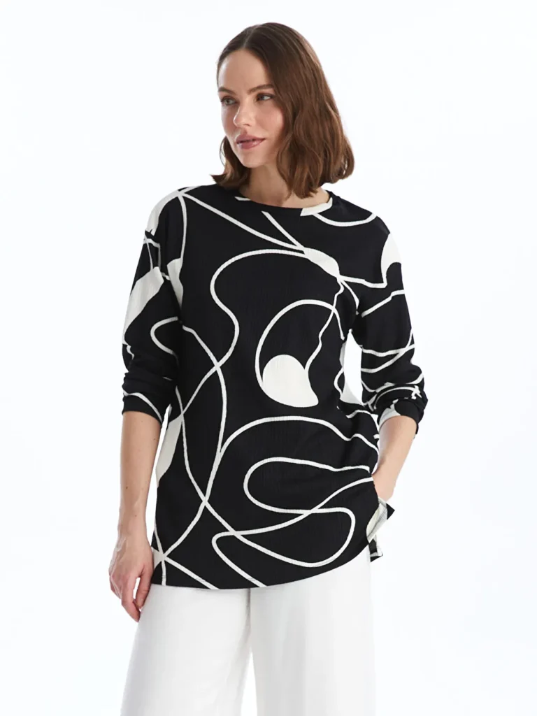 Black Crew Neck Patterned Women's Sweatshirt Tunic