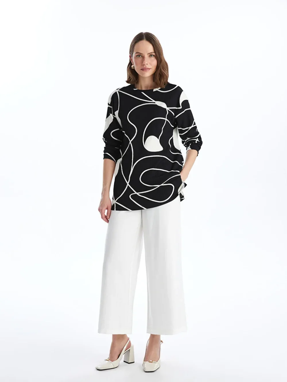 Black Crew Neck Patterned Women's Sweatshirt Tunic - Image 3