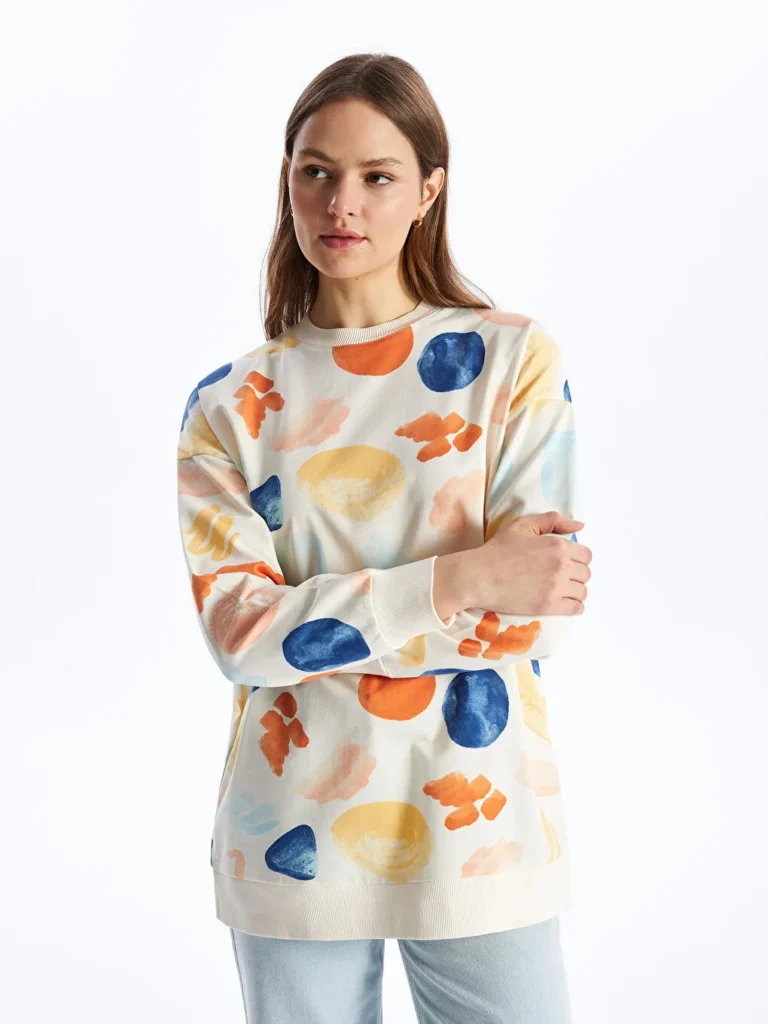 Beige Crew Neck Patterned Women's Sweatshirt Tunic