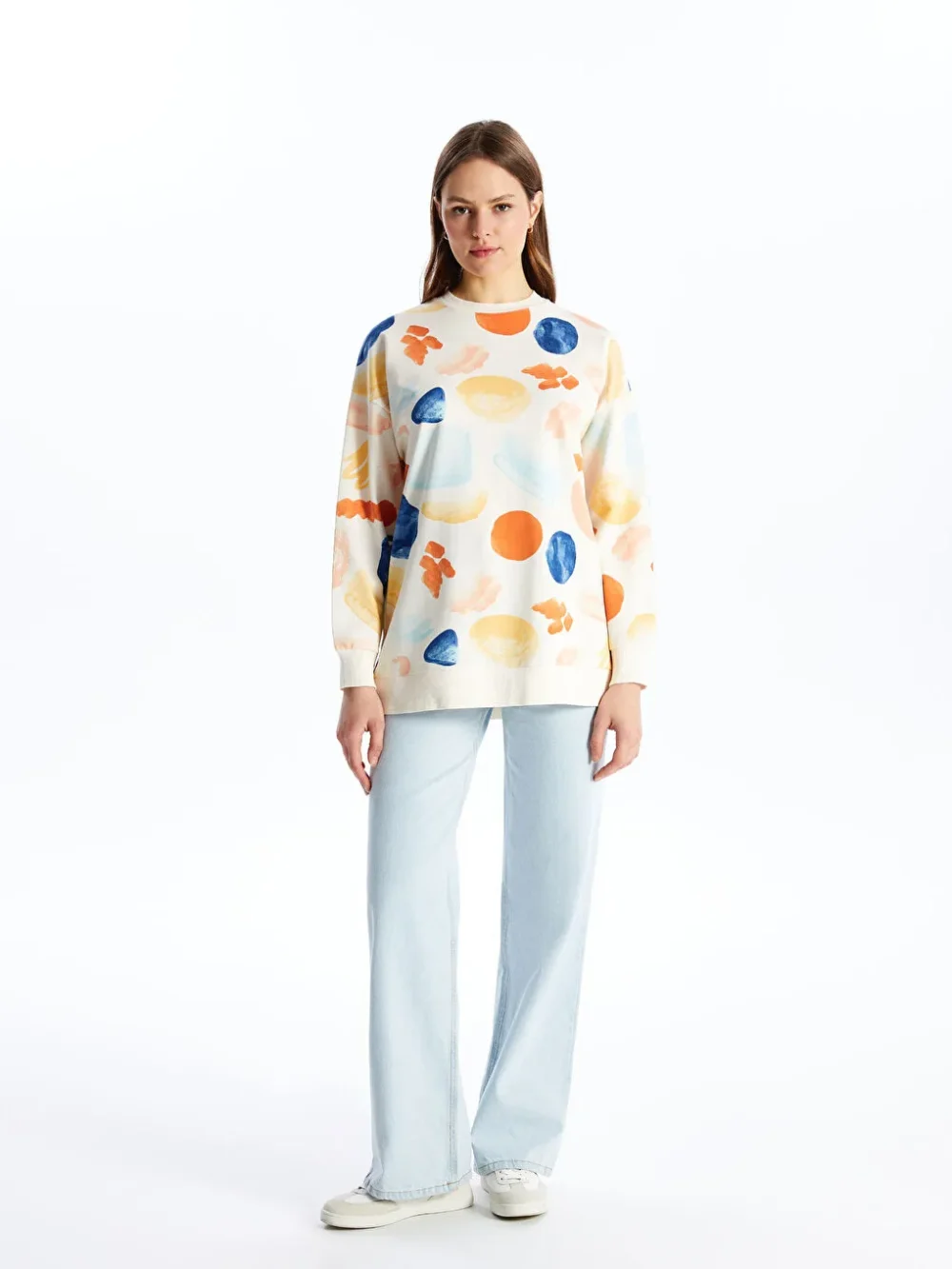 Beige Crew Neck Patterned Women's Sweatshirt Tunic - Image 3