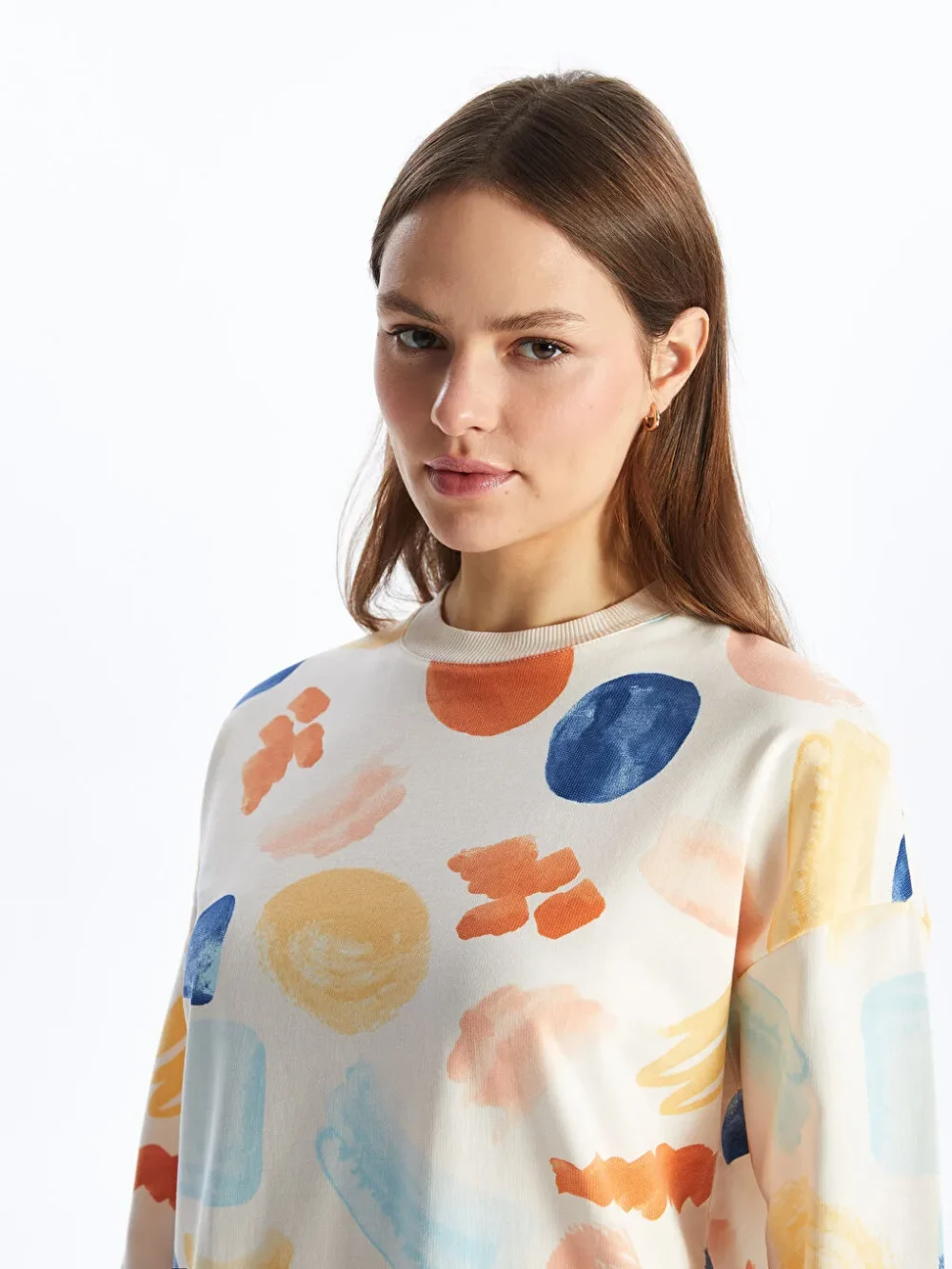 Beige Crew Neck Patterned Women's Sweatshirt Tunic - Image 4