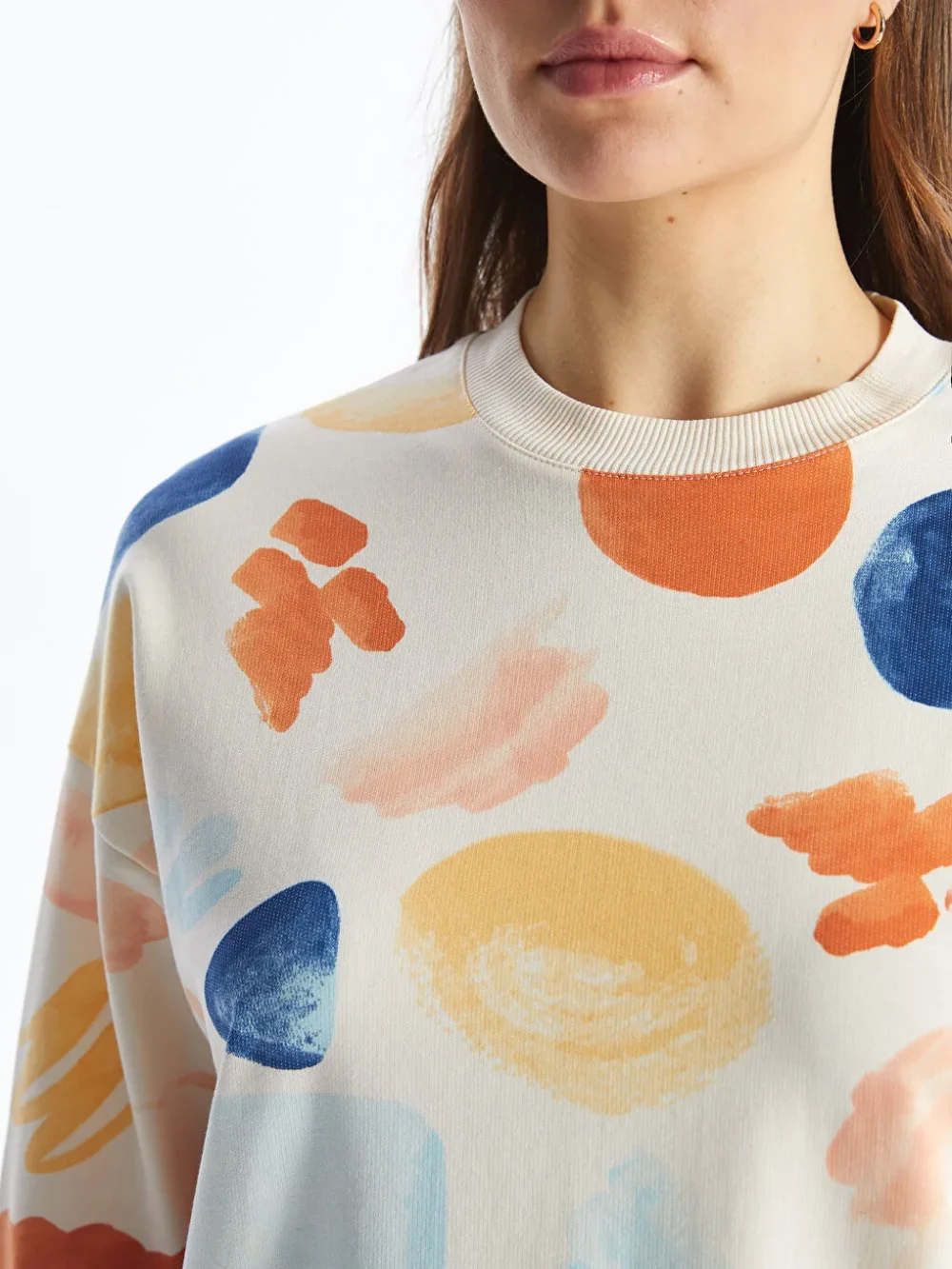 Beige Crew Neck Patterned Women's Sweatshirt Tunic - Image 5