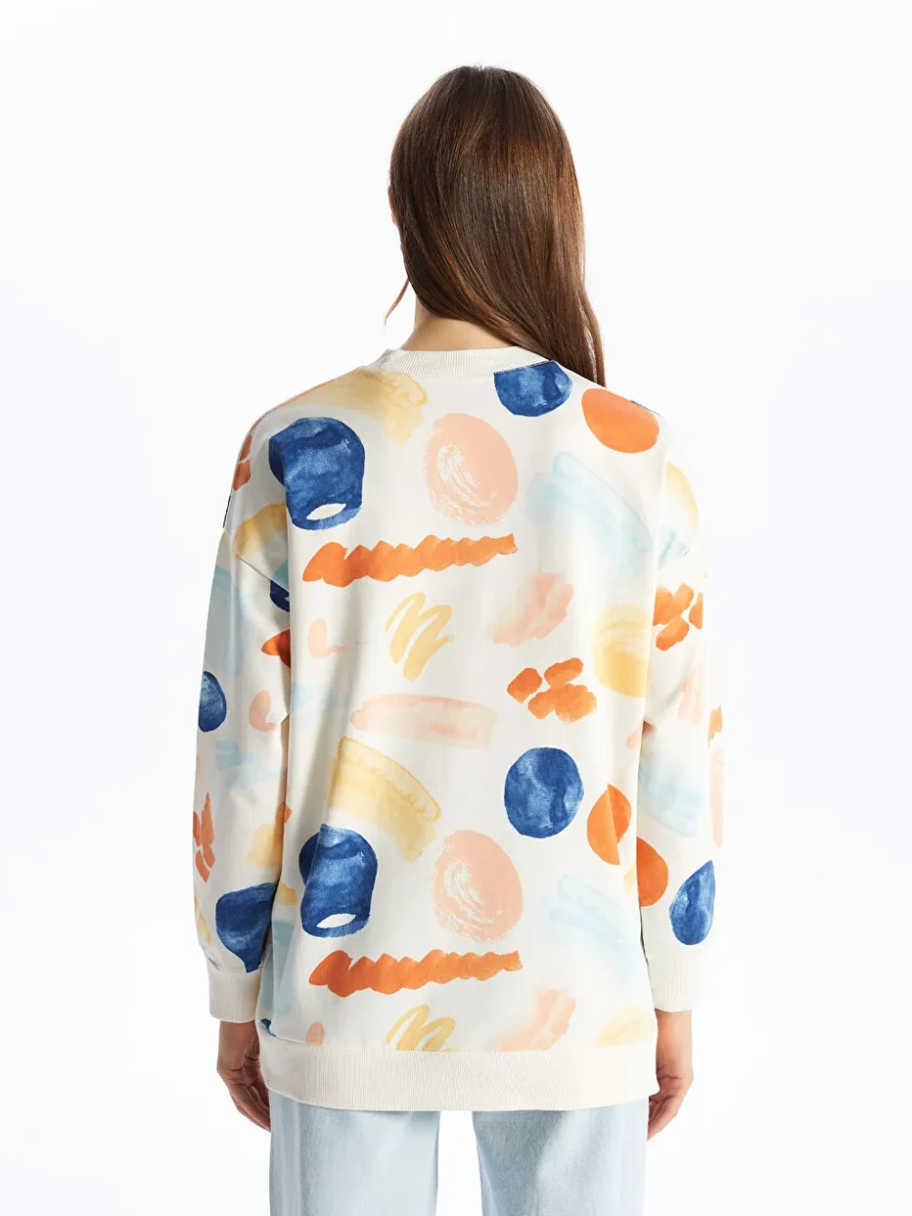 Beige Crew Neck Patterned Women's Sweatshirt Tunic - Image 6