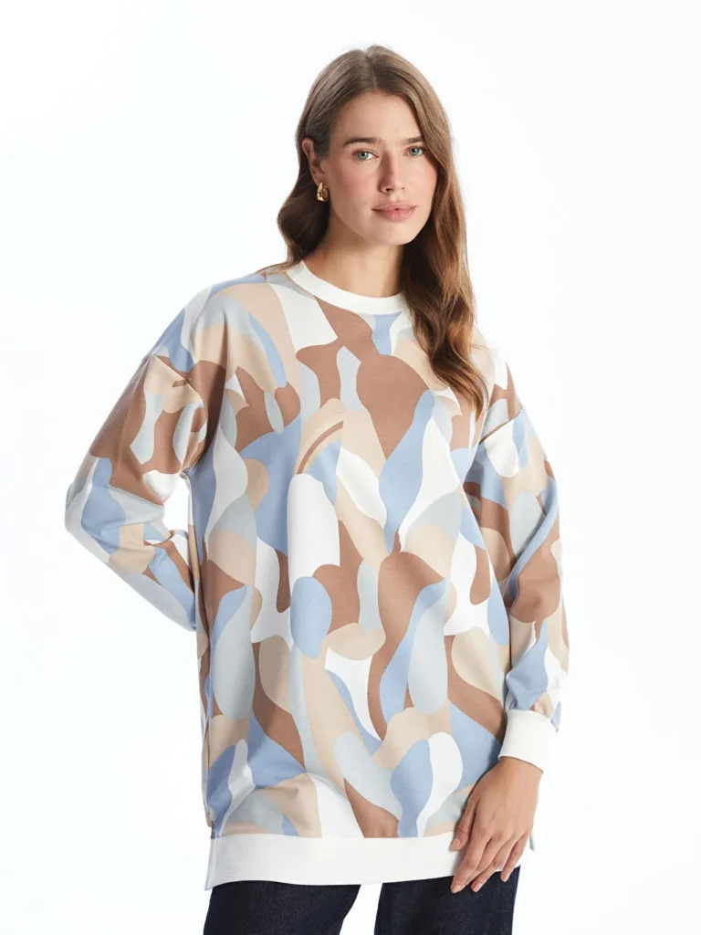 Blue Crew Neck Patterned Women's Sweatshirt Tunic