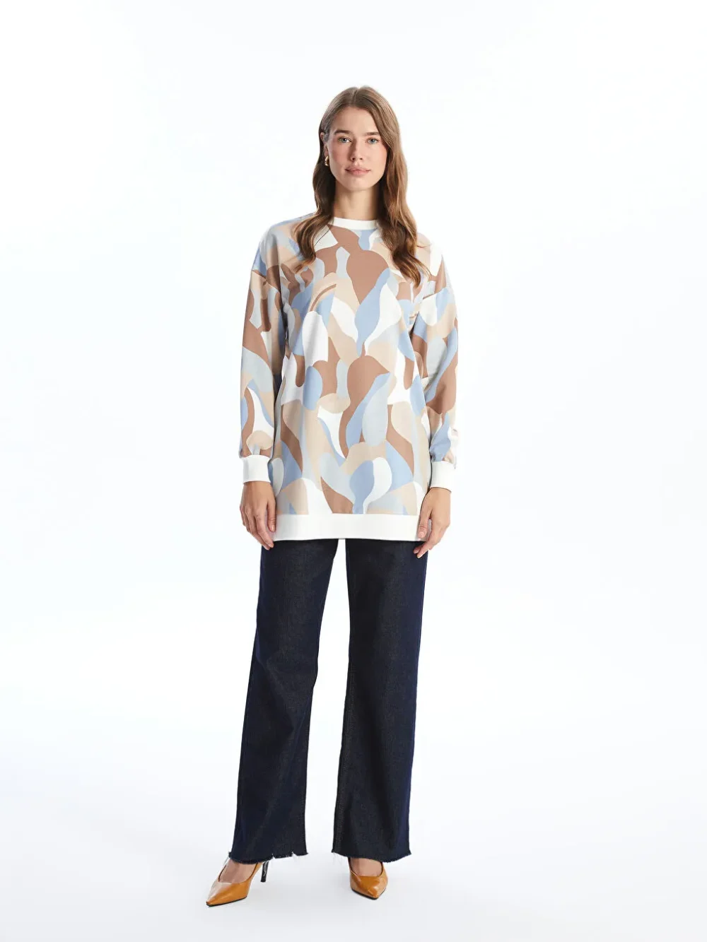 Blue Crew Neck Patterned Women's Sweatshirt Tunic - Image 3