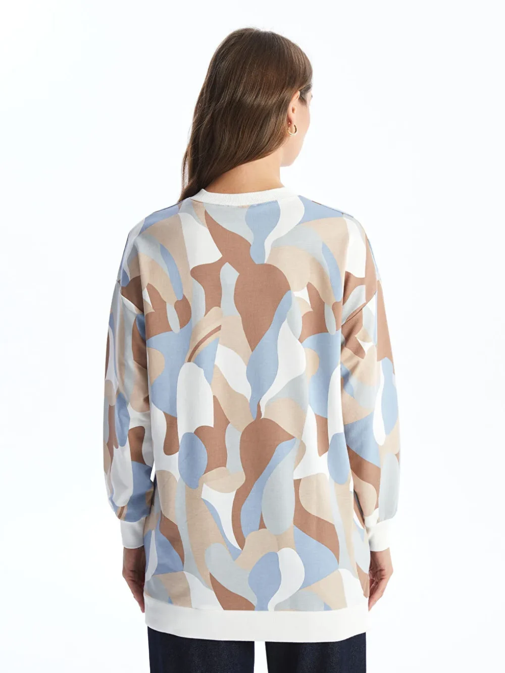 Blue Crew Neck Patterned Women's Sweatshirt Tunic - Image 7
