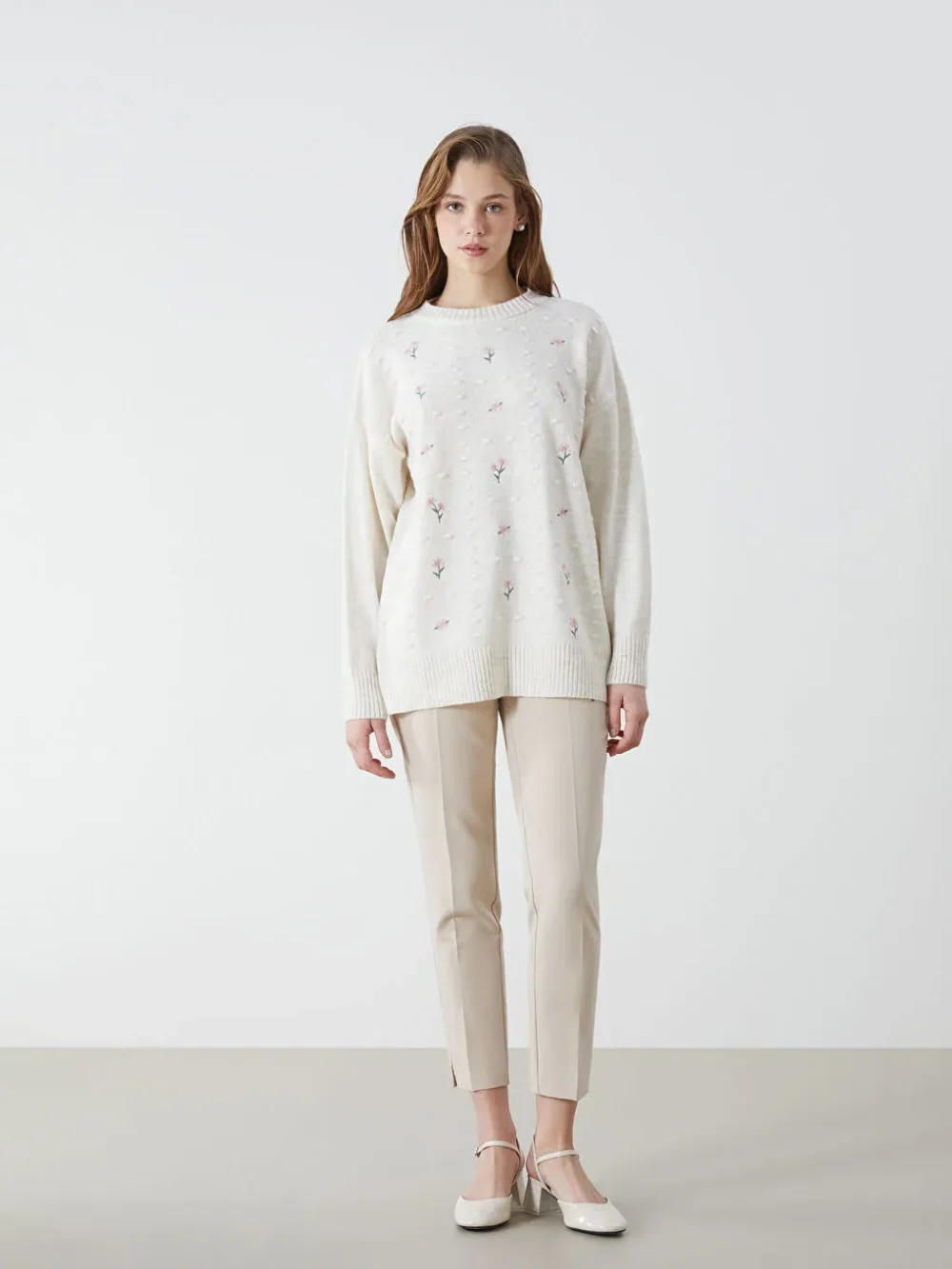 Off-White Crew Neck Floral Embroidered Women's Knitwear Tunic - Image 3