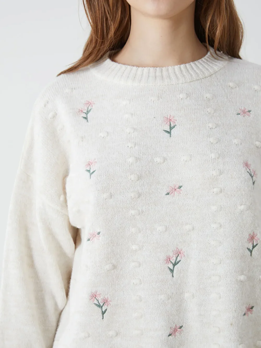 Off-White Crew Neck Floral Embroidered Women's Knitwear Tunic - Image 4