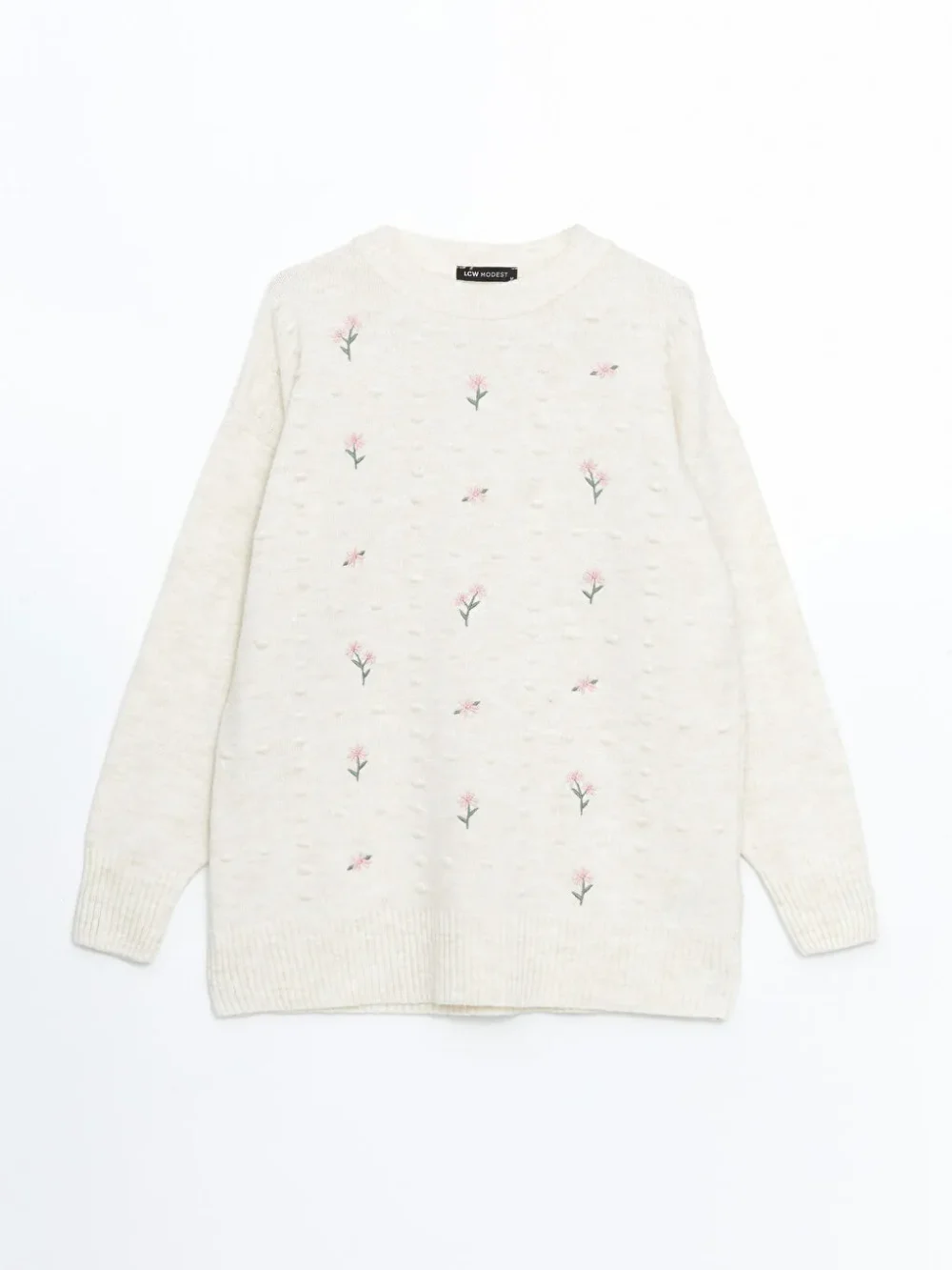 Off-White Crew Neck Floral Embroidered Women's Knitwear Tunic - Image 5