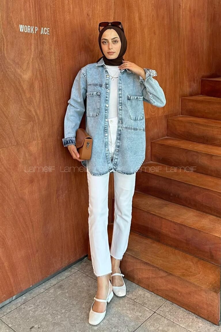 Double Pocket Detailed Denim Shirt Ice Blue