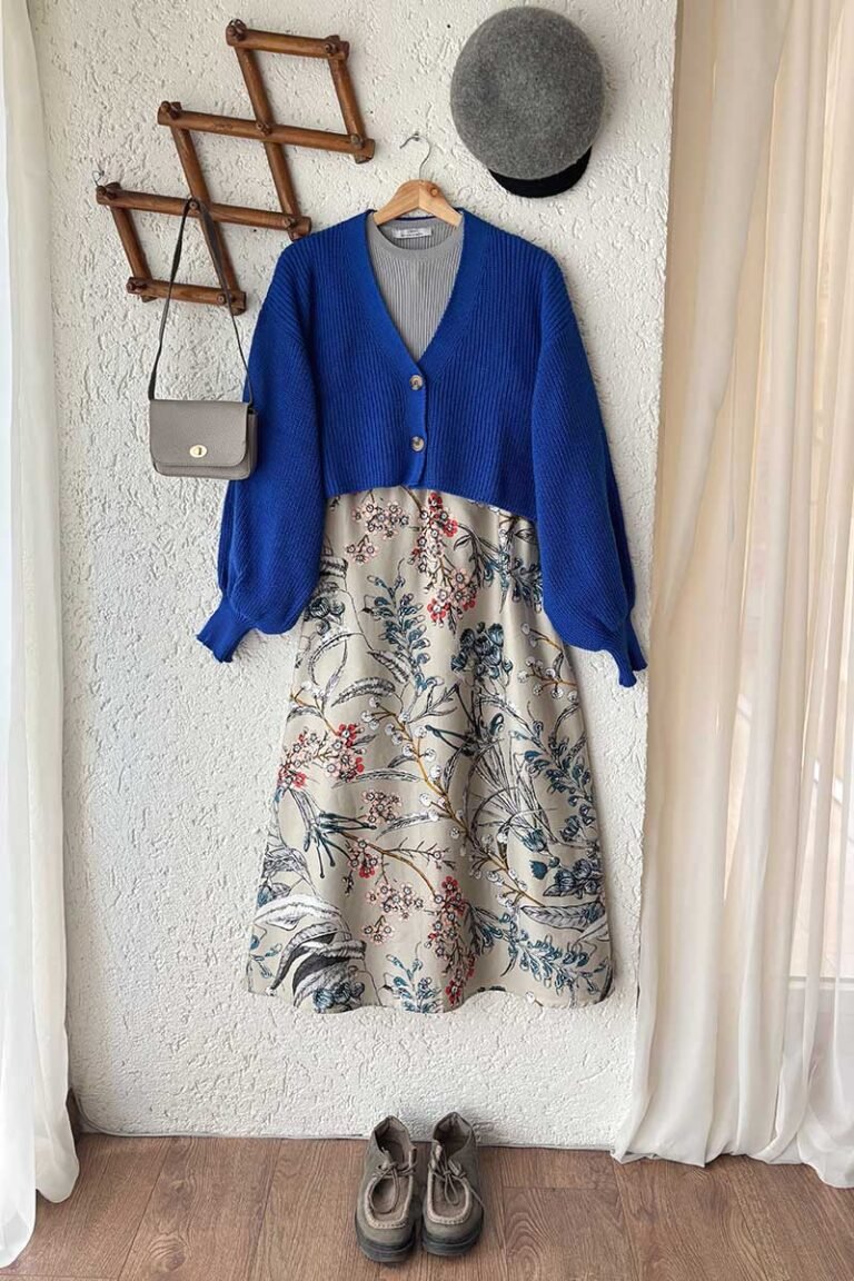Mink Patterned Cotton Satin Flared Skirt & Parliament Balloon Sleeve Knitwear Cardigan