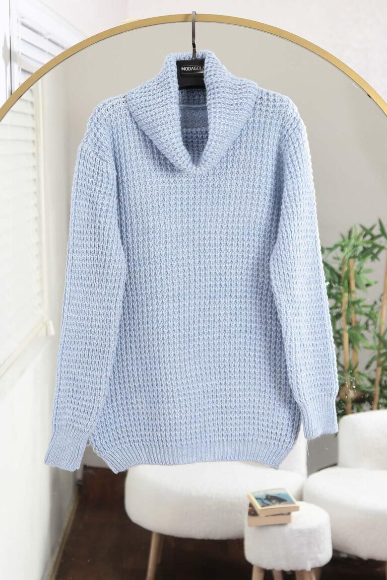 Turtleneck Honeycomb Pattern Knit Tunic_Blue