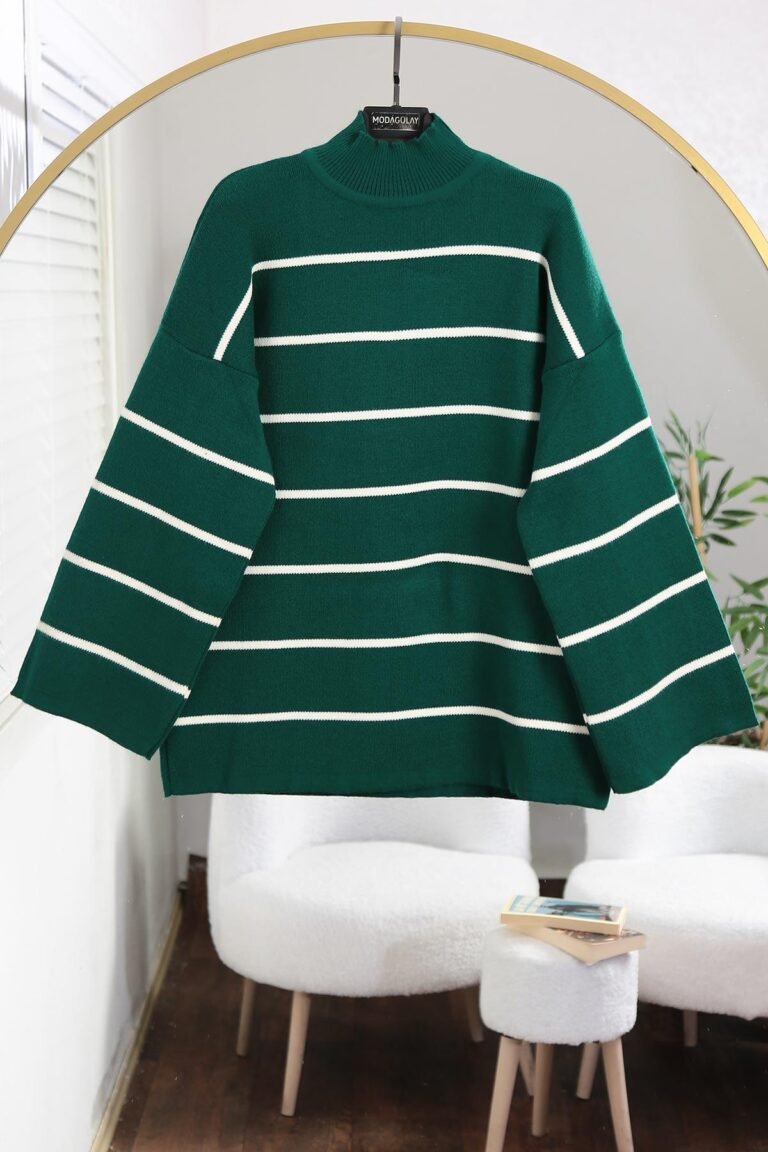 Horizontal Striped Wide Sleeve Knit Tunic_Emerald