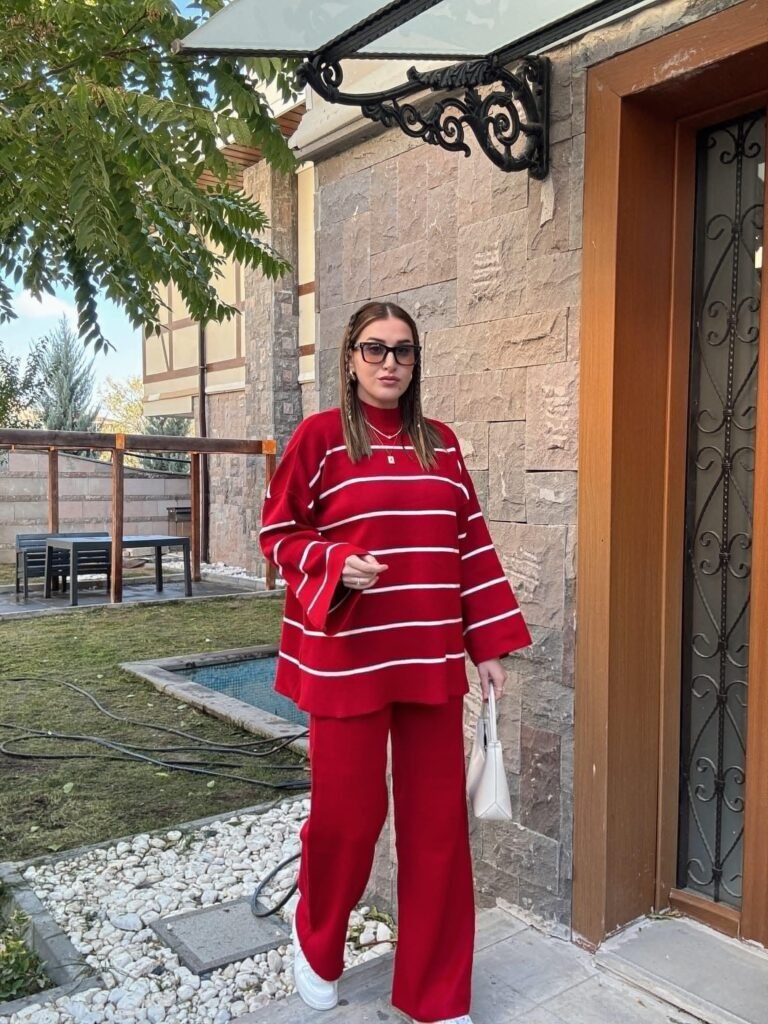 Striped Half Turtleneck Trouser Suit