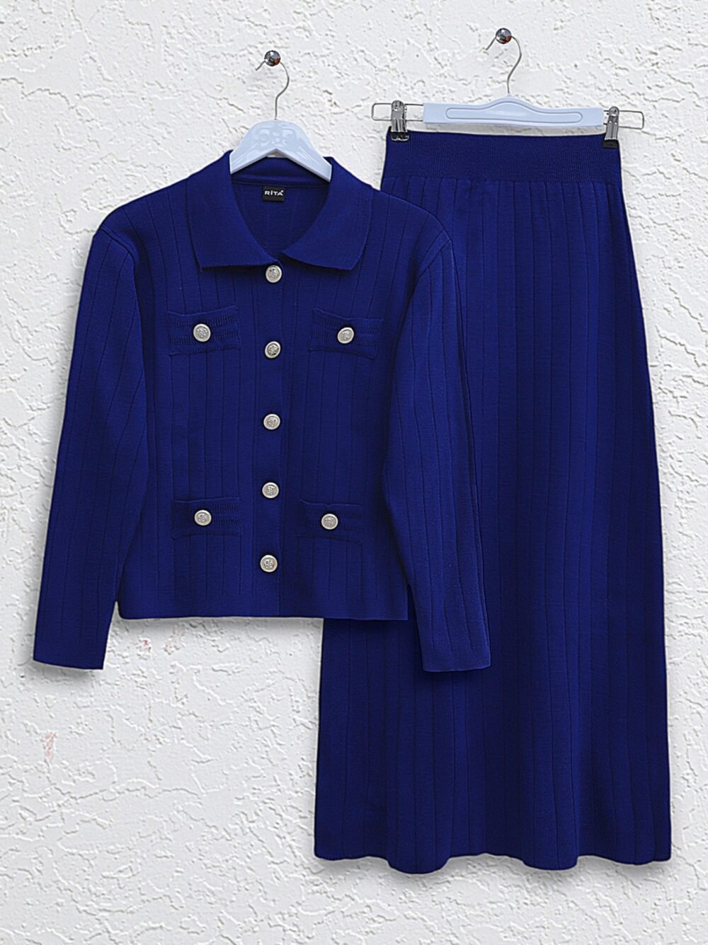 Tight Skirt Metal Buttoned Cardigan Knitwear Set - Image 2