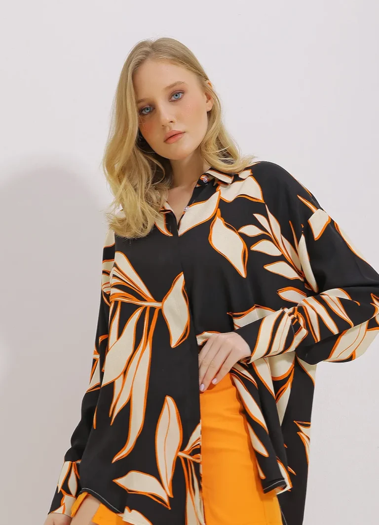 Women's Black-Orange Oversize Wide Cuffed  Patterned Shirt