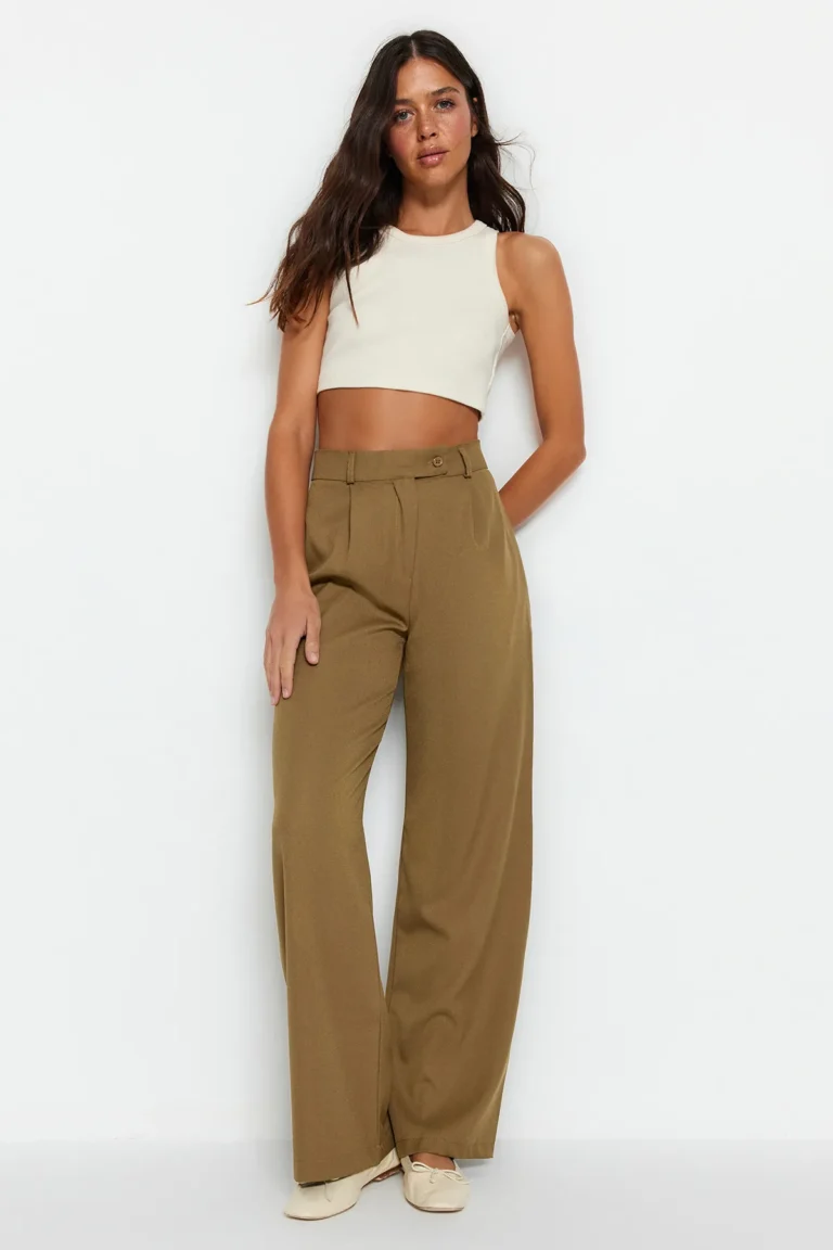 Khaki Wide Leg/Wide Leg Woven Fabric Trousers