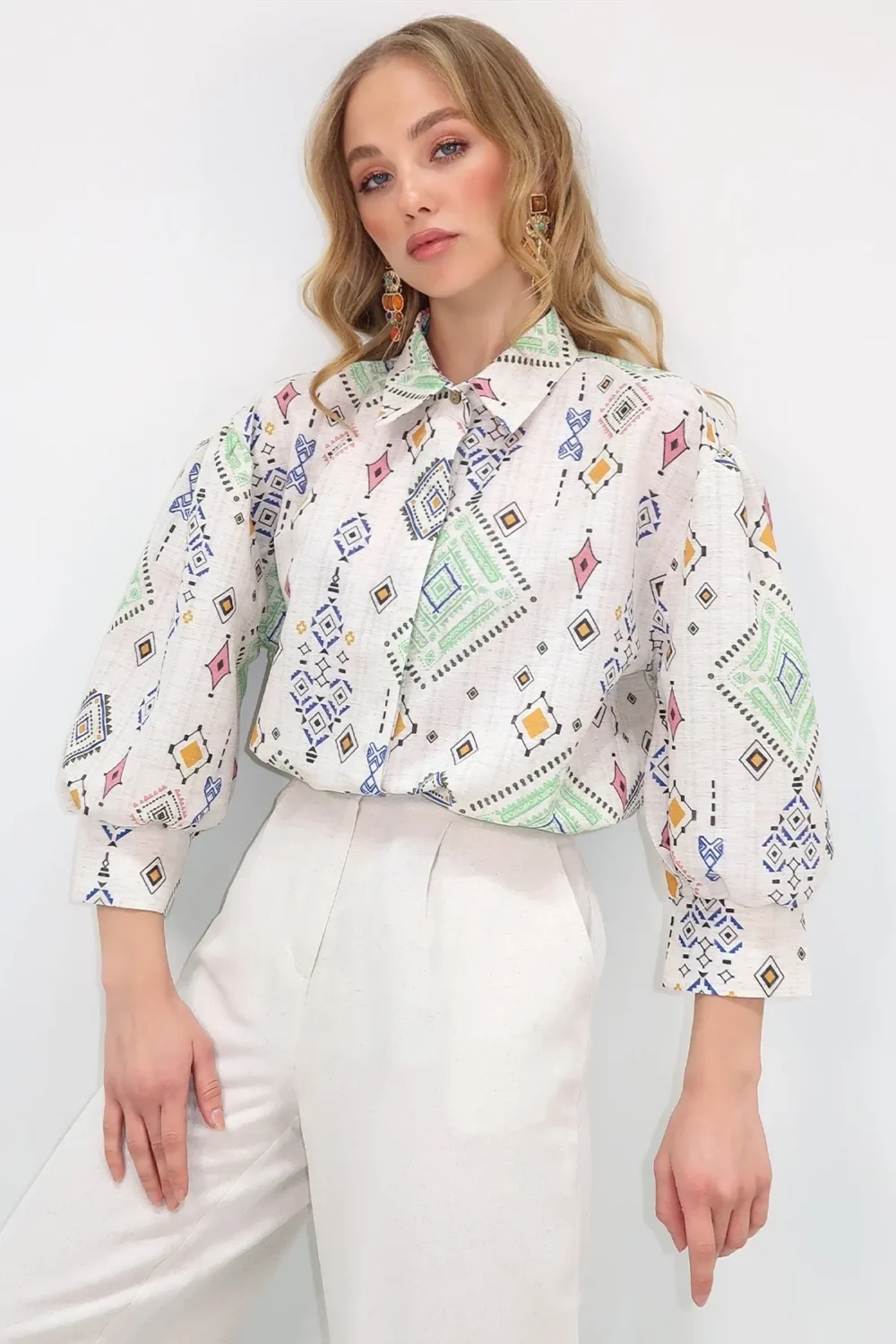 Women's Beige-Green Princess Ethnic Patterned Flamed Shirt - Image 6