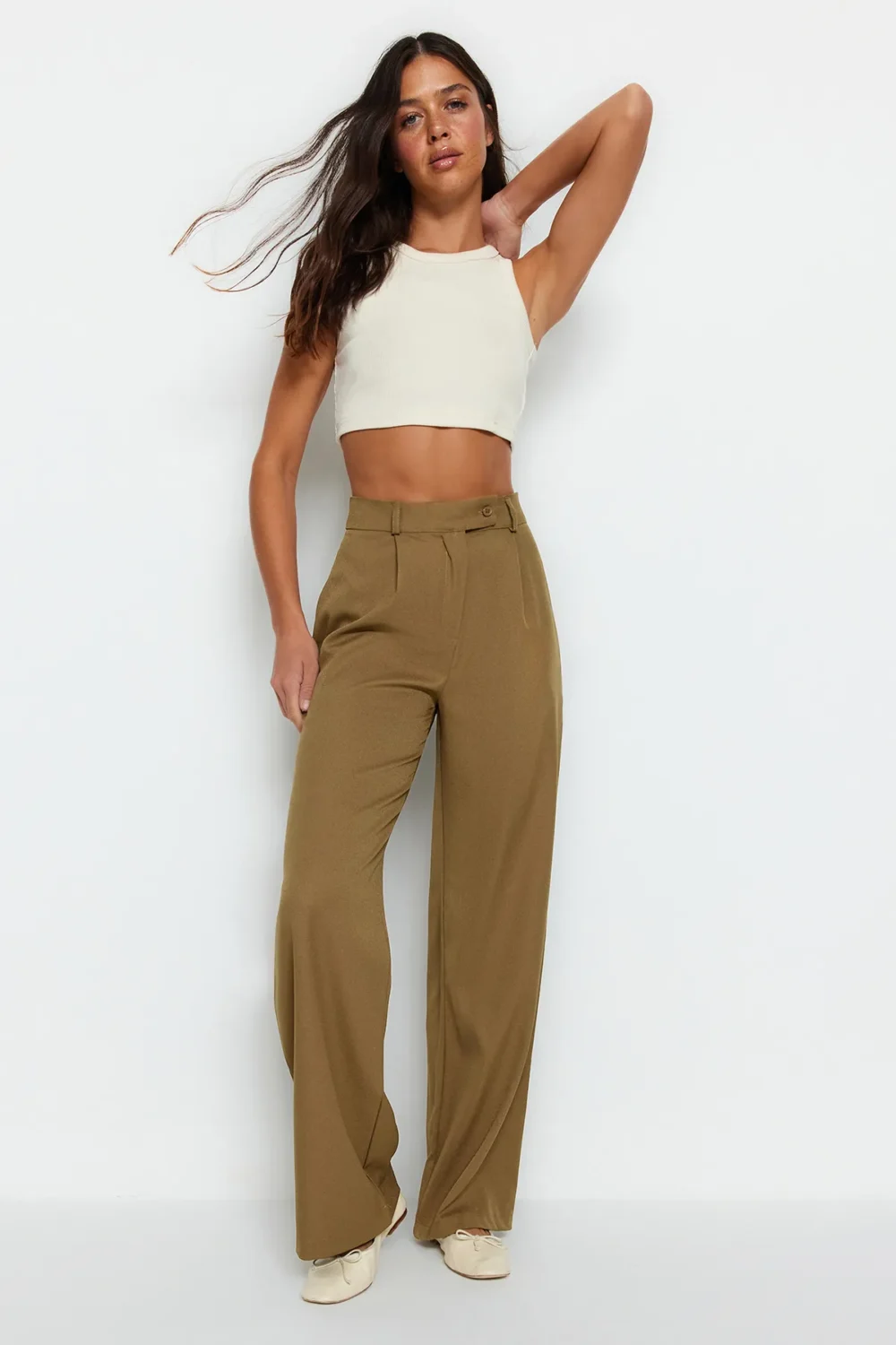 Khaki Wide Leg/Wide Leg Woven Fabric Trousers - Image 6