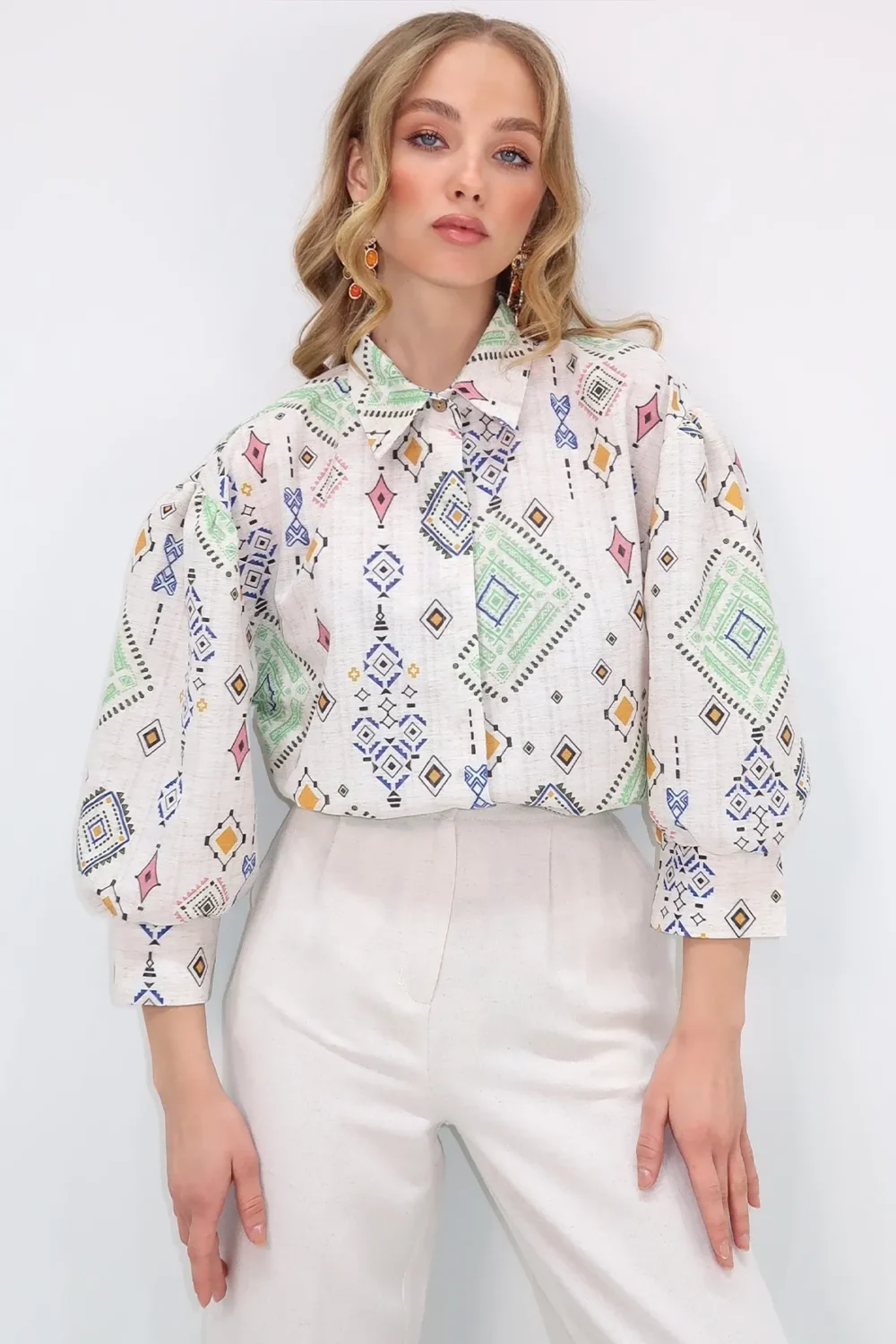 Women's Beige-Green Princess Ethnic Patterned Flamed Shirt - Image 2