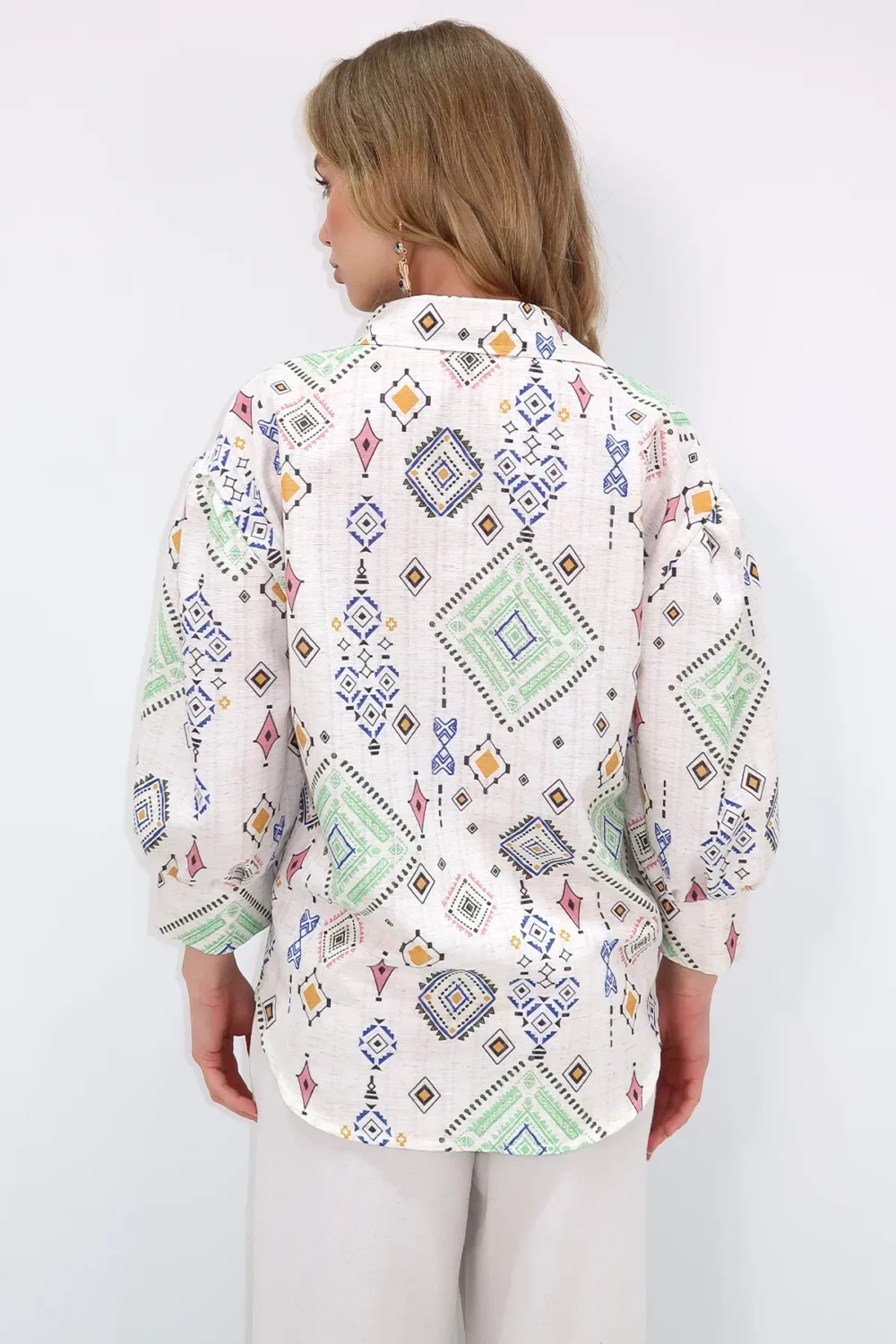 Women's Beige-Green Princess Ethnic Patterned Flamed Shirt - Image 3