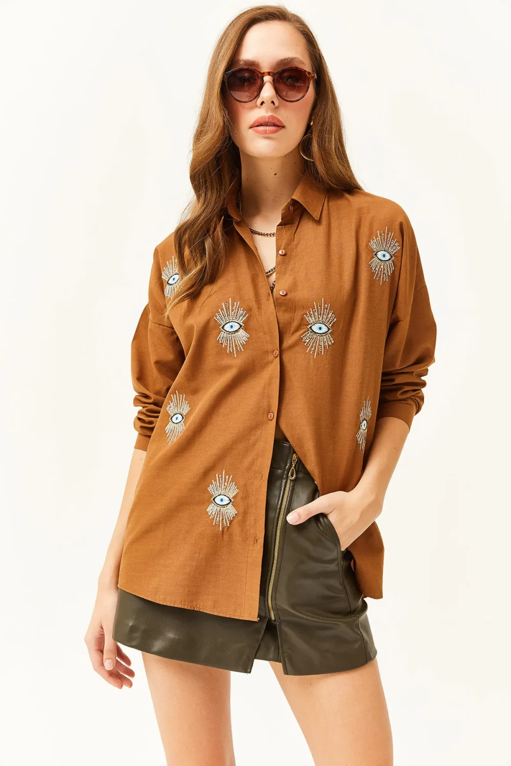 Women's Brown Sequin Detailed  Boyfriend Shirt - Image 4